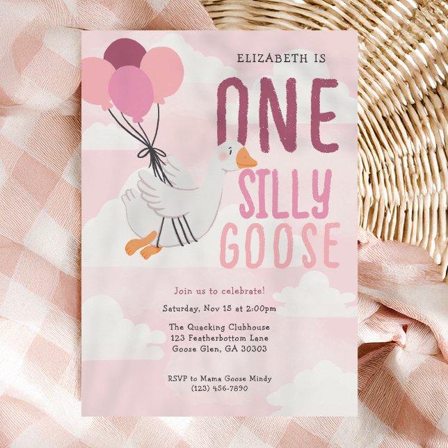 Invitación Pink One Silly Goose Whimsical Primer Fiesta de cu (Subido por el creador)