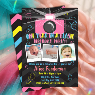 Invitación Pink One Year en una foto de Flash First Birday