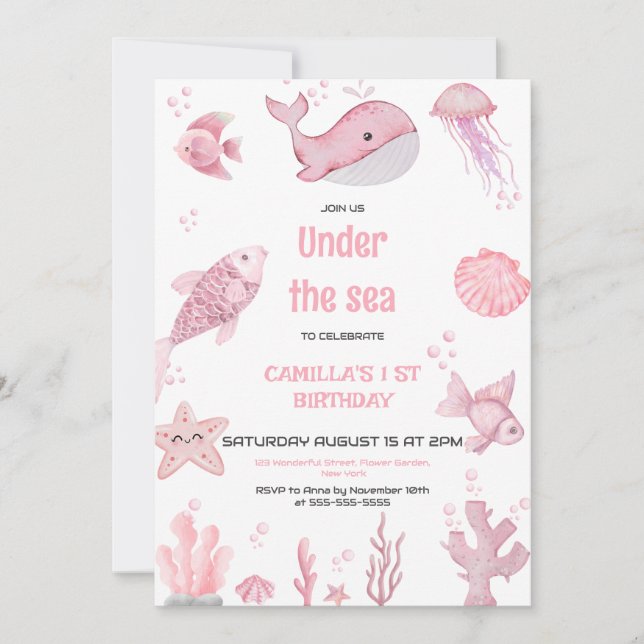 Invitación Pink Oneder the Sea Birthday (Anverso)