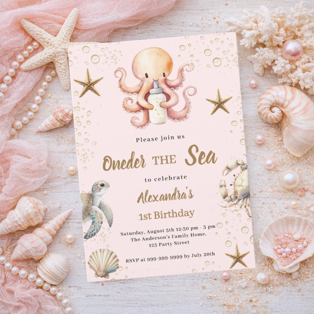 Invitación Pink oneder the sea ocean animal girl 1st Birthday (Subido por el creador)