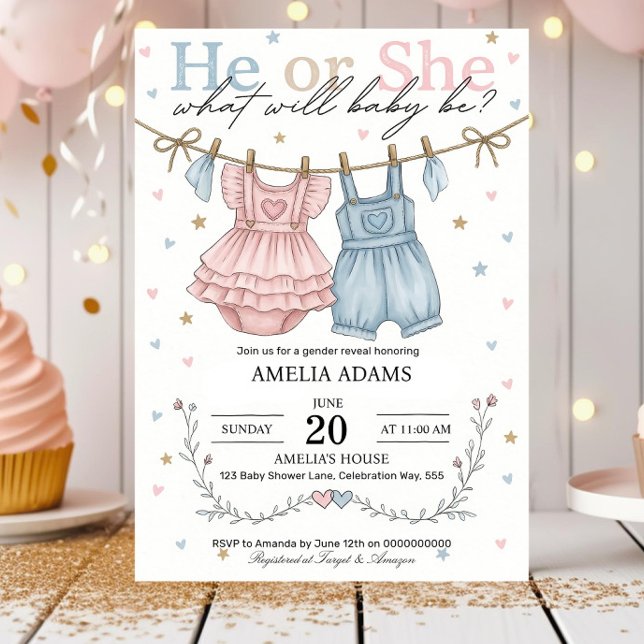 Invitación Pink or Blue Baby Clothes Gender Reveal Invitation (Subido por el creador)