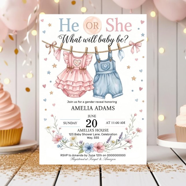 Invitación Pink or Blue Baby Clothes Gender Reveal Invitation (Subido por el creador)