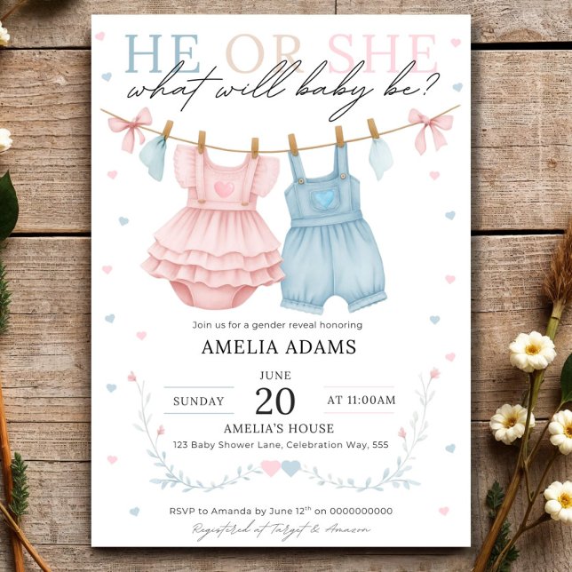 Invitación Pink or Blue Baby Clothes Gender Reveal Invitation (Subido por el creador)