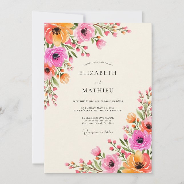 Invitación Pink Orange Floral Flourish Wedding (Anverso)
