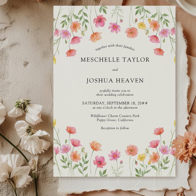 Invitación Pink Orange Floral Formal Wedding (Pink Orange Floral Wedding Invitation from Wildflower Bloom collection by Darling & May)