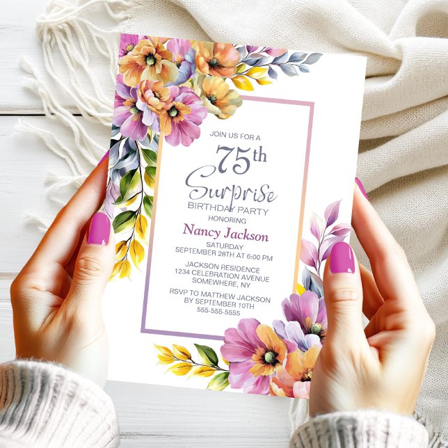 Invitación Pink Orange Floral Surprise 75th Birthday Party (Subido por el creador)