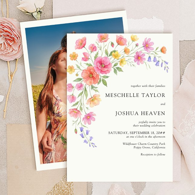 Invitación Pink Orange Watercolor Floral Photo Wedding (Pink Orange Flowers Pretty Wedding Invitation from Wildflower Bloom collection by Darling & May)
