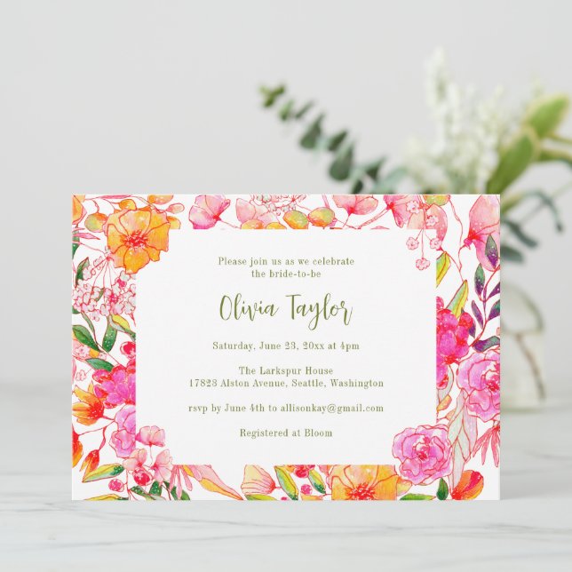 Invitación Pink Orange Watercolor Flowers Chic Bridal Shower (Anverso de pie)