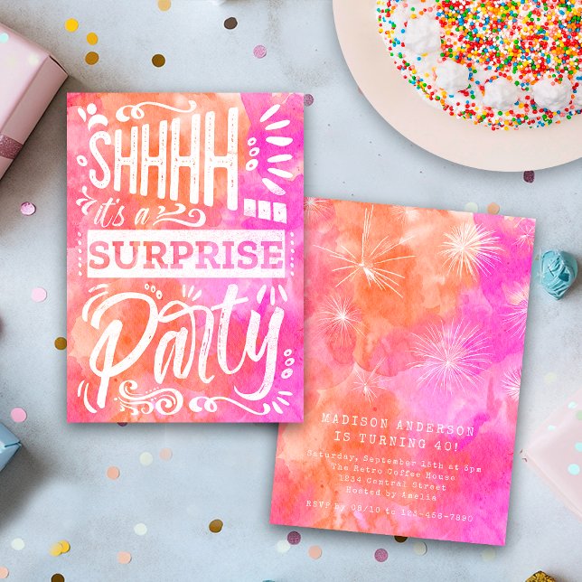 Invitación Pink Orange Watercolor Shh Surprise Birthday Party (Subido por el creador)