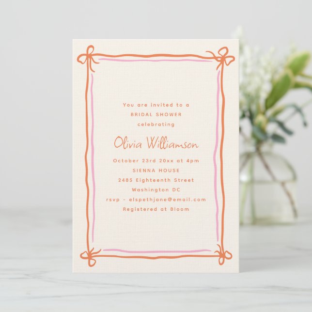 Invitación Pink Orange Whimsical Ribbon Bow Bridal Shower (Anverso de pie)