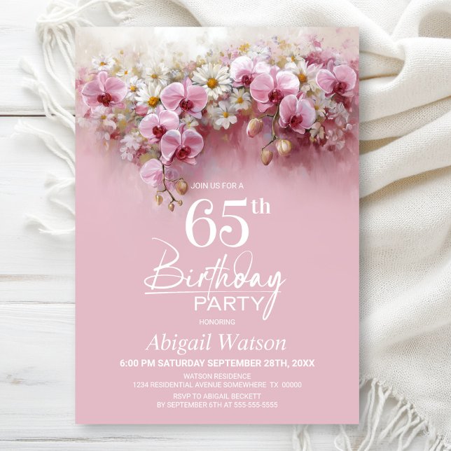 Invitación Pink Orchid Floral 65th Birthday Party (Subido por el creador)