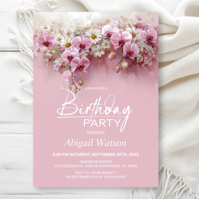 Invitación Pink Orchid Floral Any Age Birthday Party (Subido por el creador)
