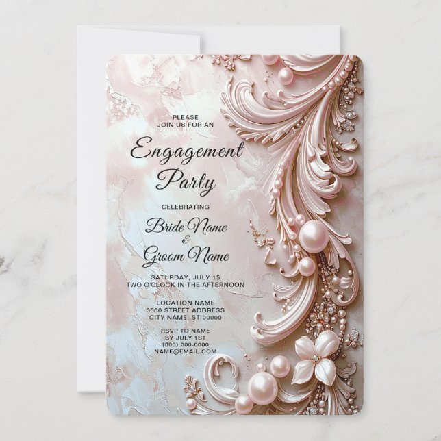Invitación Pink Ornate Pearl and Floral Engagement (Anverso)