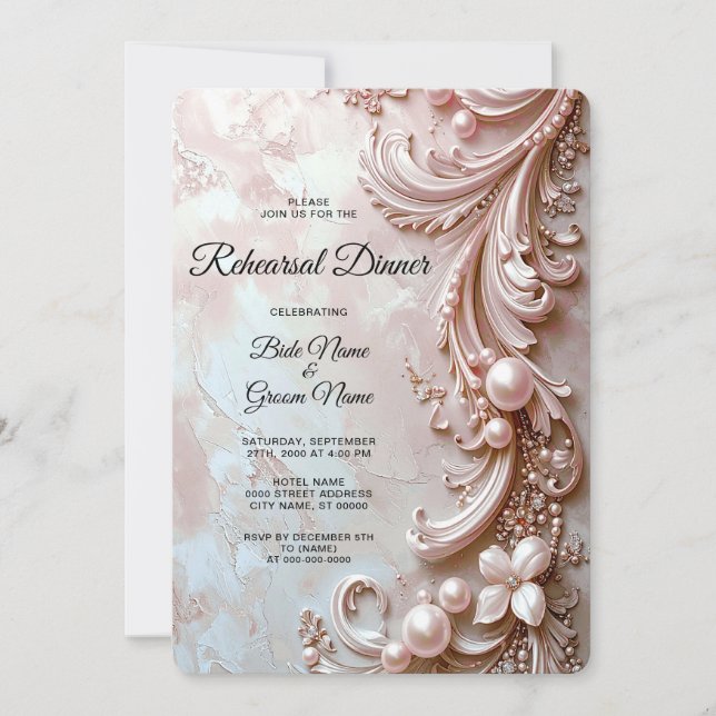 Invitación Pink Ornate Pearl and Floral Rehearsal Dinner (Anverso)