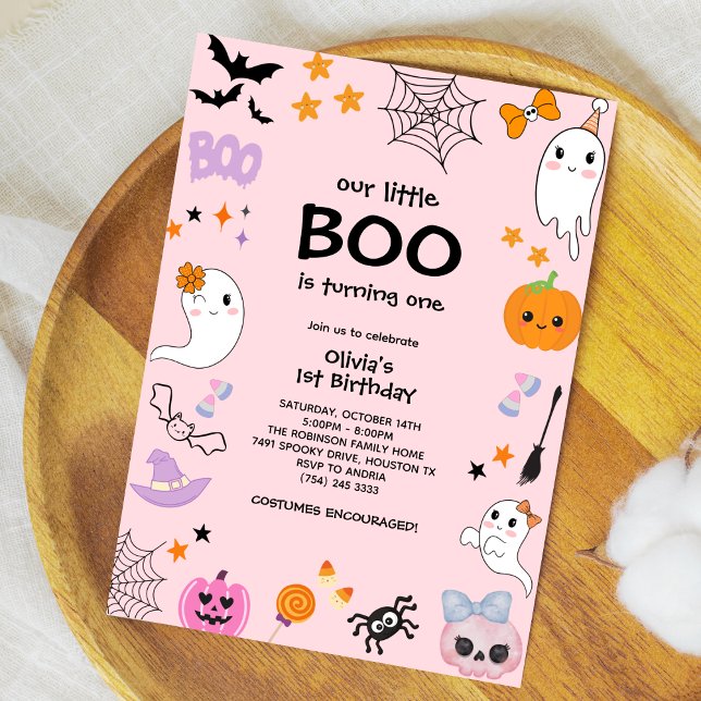 Invitación Pink Our Little Boo Halloween 1er cumpleaños (Pink Our Little Boo is Turning One Girl Halloween 1st Birthday Invitation )