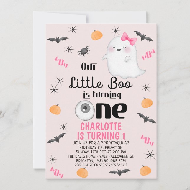 Invitación Pink Our Little Boo One Halloween 1er cumpleaños (Anverso)