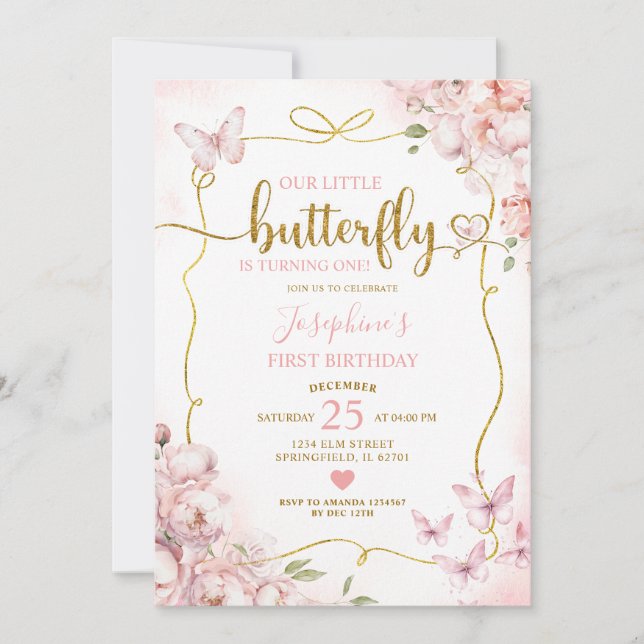 Invitación Pink Our Little Butterfly Chica Floral 1er cumplea (Anverso)