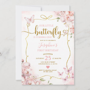 Invitación Pink Our Little Butterfly Chica Floral 1er cumplea