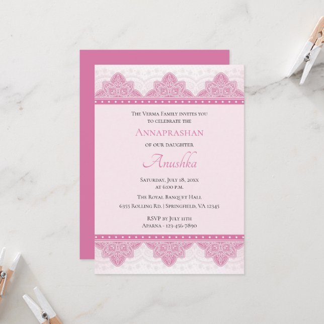 Invitación Pink Paisley Annaprashan | Primera Ceremonia de Ar (Anverso/Reverso In Situ)