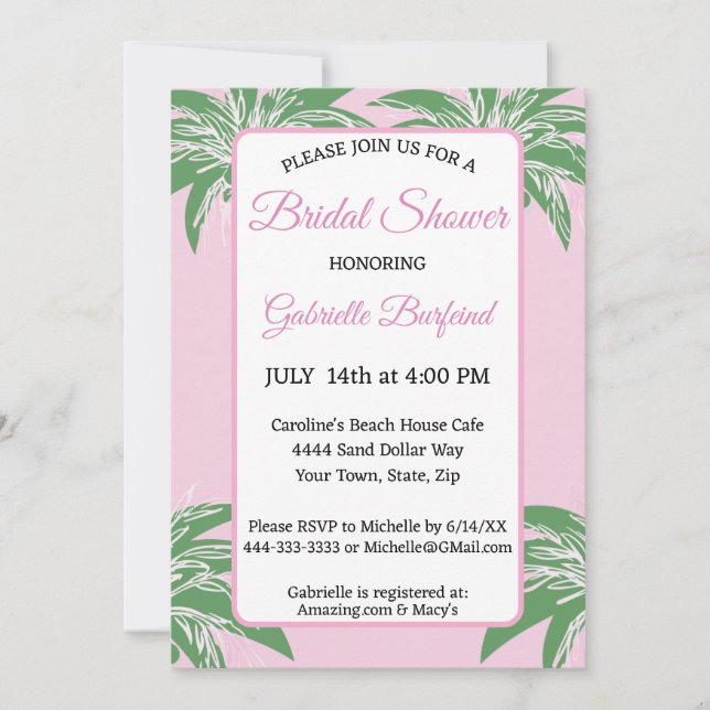 Invitación Pink Palm Bridal Shower Invitation | Tropical Palm (Anverso)
