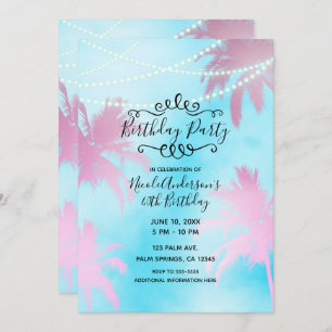Invitación Pink Palm Trees Blue Sky & Lights Fiesta de cumple