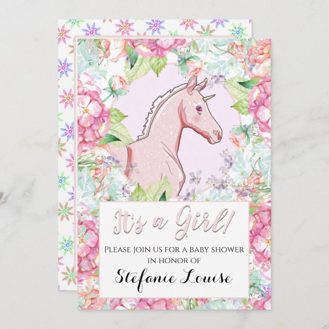 Invitación Pink Palomino Unicorn ¡Es un Chica! (Anverso / Reverso)