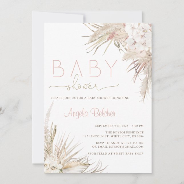Invitación Pink Pampas Grass Boho Hola Baby Shower (Anverso)
