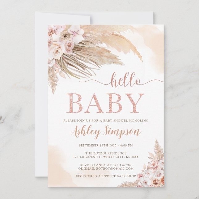 Invitación Pink Pampas Grass Boho Hola Baby Shower (Anverso)