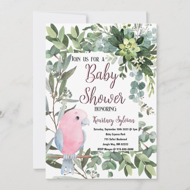 Invitación Pink Parakeet Bird Watercolor Baby Shower (Anverso)
