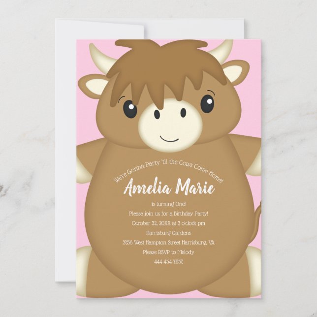Invitación Pink, partido de cumpleaños de vacas altolianas de (Anverso)