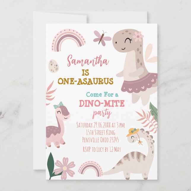 Invitación Pink Pastel Cute Dino Primera Fiesta de Cumpleaños (Anverso)