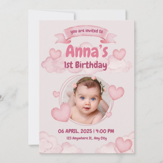 Invitación Pink Pastel Cute Primera Niña Cumpleaños (Anverso)