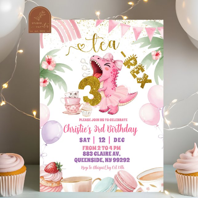 Invitación Pink Pastel Dinosaur tea-rex 3rd birthday (Subido por el creador)