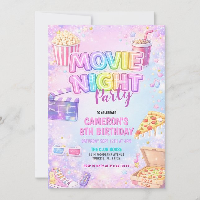 Invitación Pink Pastel Movie Night Birthday Party  (Anverso)