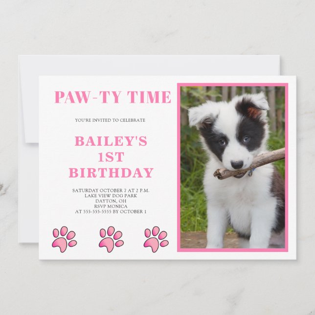 Invitación Pink Pawty Time Dog Cumpleaños (Anverso)