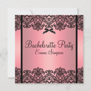 Invitación Pink Peach & Black Damask Lace Bachelorette Invite
