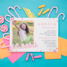 Invitación Pink & Peach Confetti Photo Kids Fiesta de cumplea