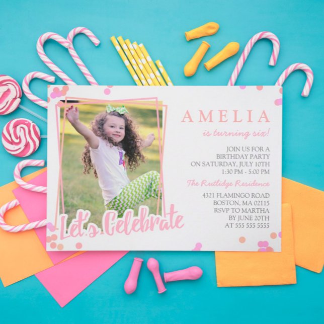 Invitación Pink & Peach Confetti Photo Kids Fiesta de cumplea (Subido por el creador)