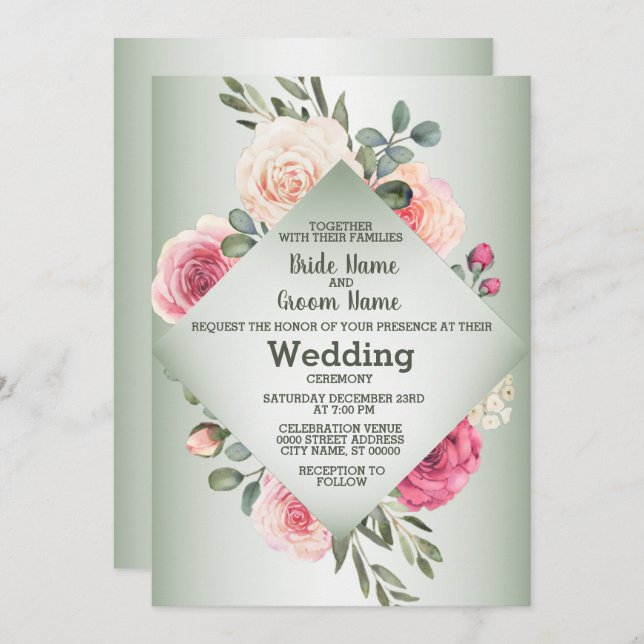 Invitación Pink Peach Roses Rustic Green Geometric Wedding (Anverso / Reverso)