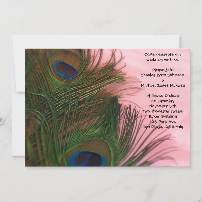 Invitación Pink Peacock Feathers Boda (Anverso)