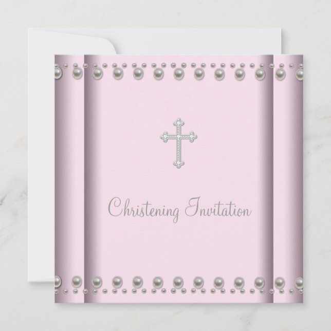 Invitación Pink Pearl Cross Baby Christening (Anverso)