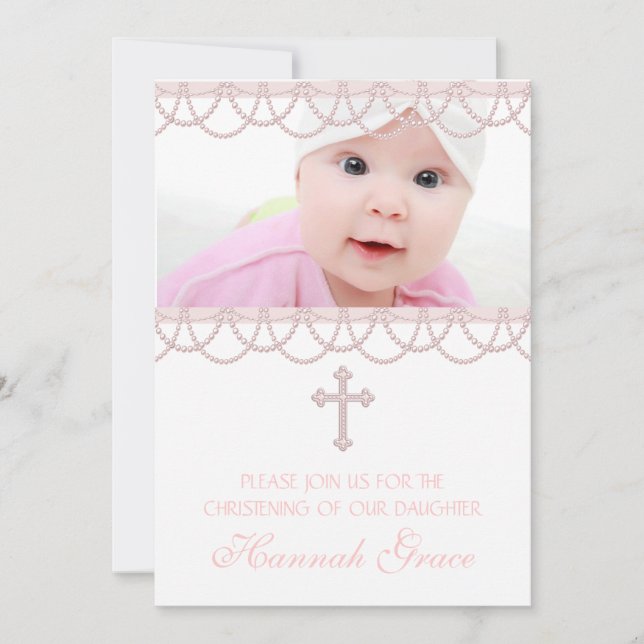Invitación Pink Pearl Cross Baby Girl Foto De Cristalización (Anverso)