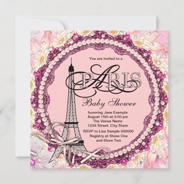 Invitación Pink Pearls Pink Paris Baby Shower (Anverso)