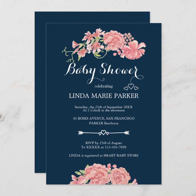 Invitación Pink peonies azul marino floral elegante ducha de  (Anverso / Reverso)