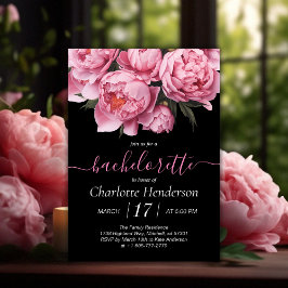 Invitación Pink Peonies Black Bachelorette Party
