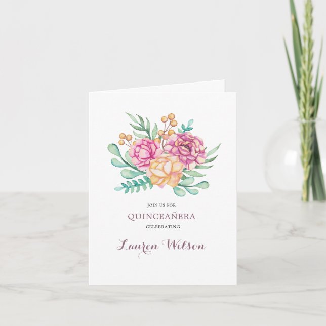 Invitación Pink Peonies Bouguet Quinceanera doblado (Anverso)