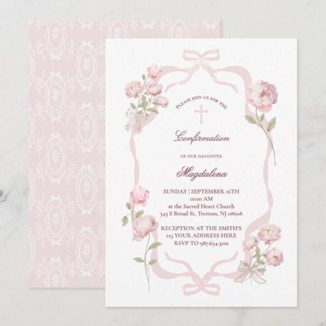 Invitación pink peonies Confirmation girl (Anverso / Reverso)