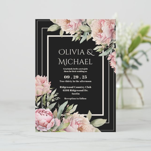 Invitación Pink Peonies Floral Black Elegant Wedding (Anverso de pie)