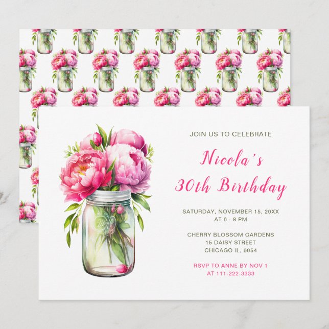 Invitación Pink Peonies Mason Jar Birthday Party (Anverso / Reverso)