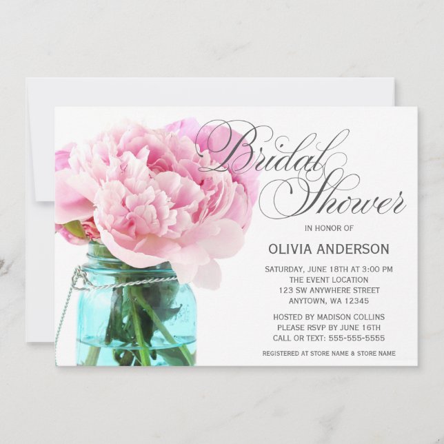 Invitación Pink Peonies Mason Jar Bridal Shower (Anverso)